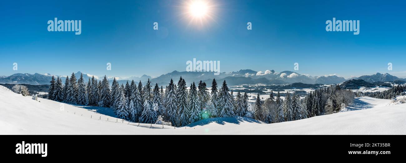 calm panoramic winter landscape with snow and mountain range Stock Photo