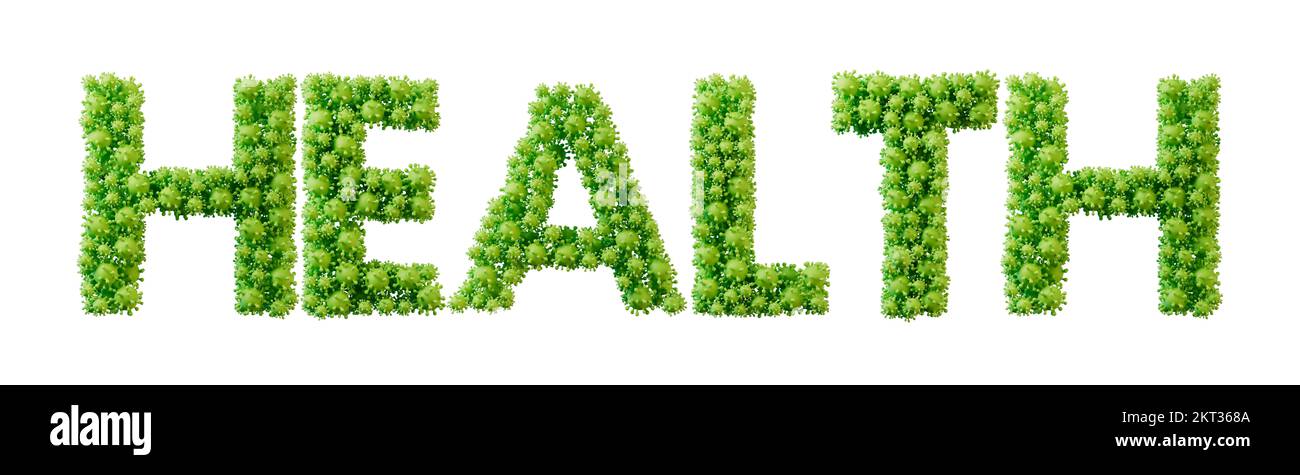 Health word made from green bacteria cell molecule font. Health and wellbeing. 3D Rendering Stock Photo