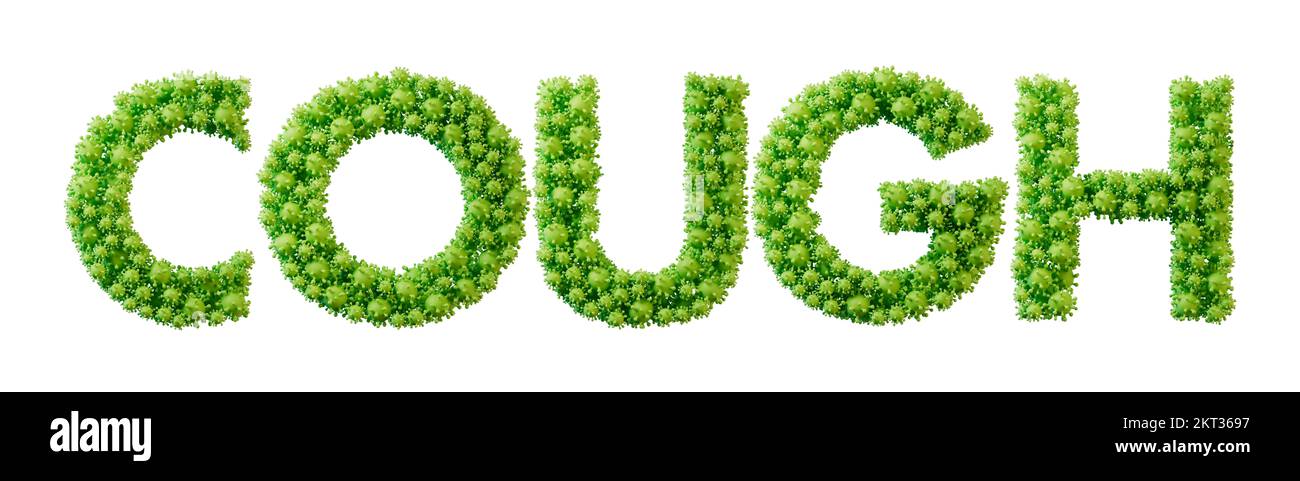 Cough word made from green bacteria cell molecule font. Health and wellbeing. 3D Rendering Stock Photo