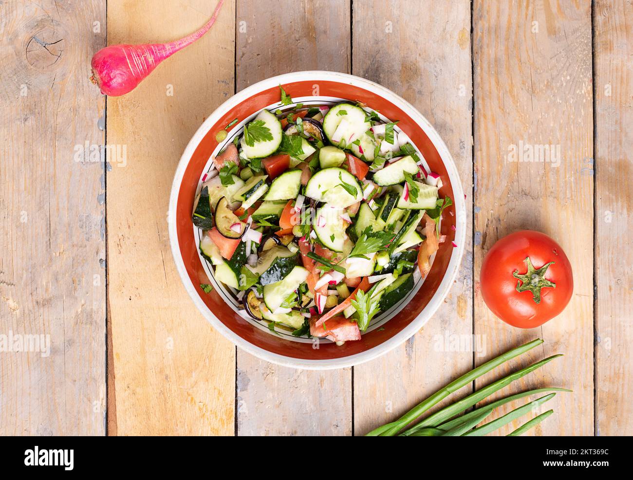 healthy vegan salad bowl. Fresh vegetable salad, top view Stock Photo