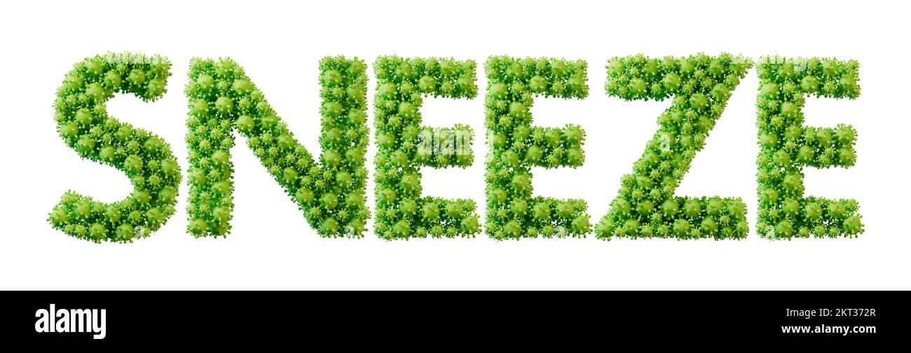 Sneeze word made from green bacteria cell molecule font. Health and wellbeing. 3D Rendering Stock Photo