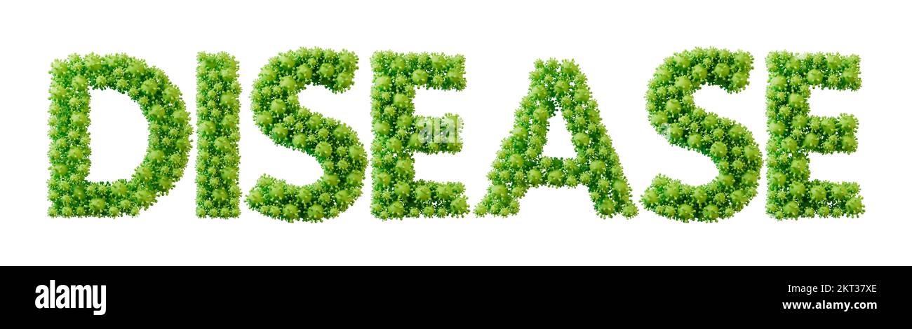 Disease word made from green bacteria cell molecule font. Health and wellbeing. 3D Rendering Stock Photo