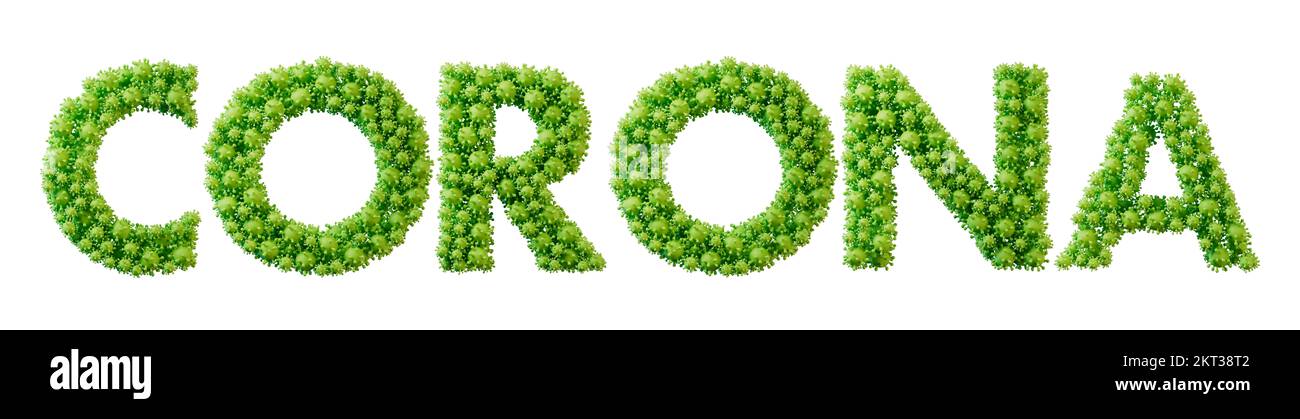 Corona word made from green bacteria cell molecule font. Health and wellbeing. 3D Rendering Stock Photo