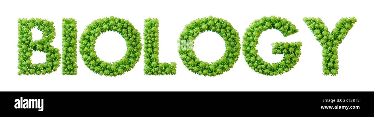 Biology word made from green bacteria cell molecule font. Health and wellbeing. 3D Rendering Stock Photo
