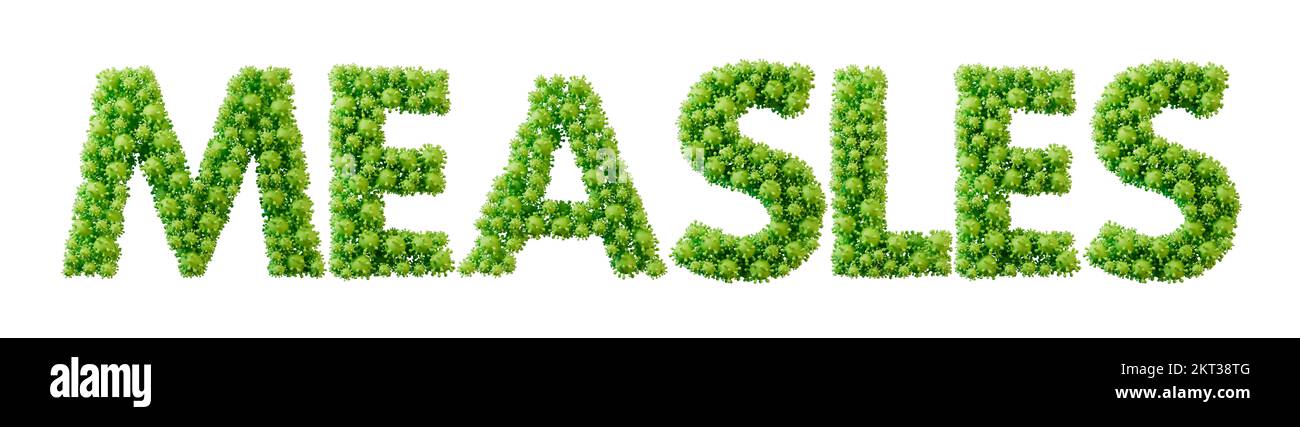 Measles word made from green bacteria cell molecule font. Health and wellbeing. 3D Rendering Stock Photo