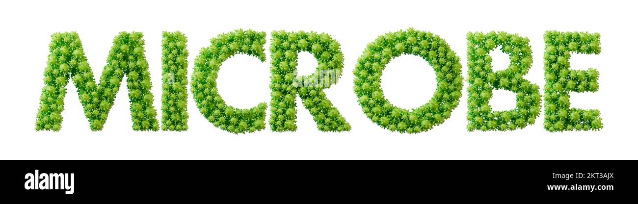 Microbe word made from green bacteria cell molecule font. Health and wellbeing. 3D Rendering Stock Photo