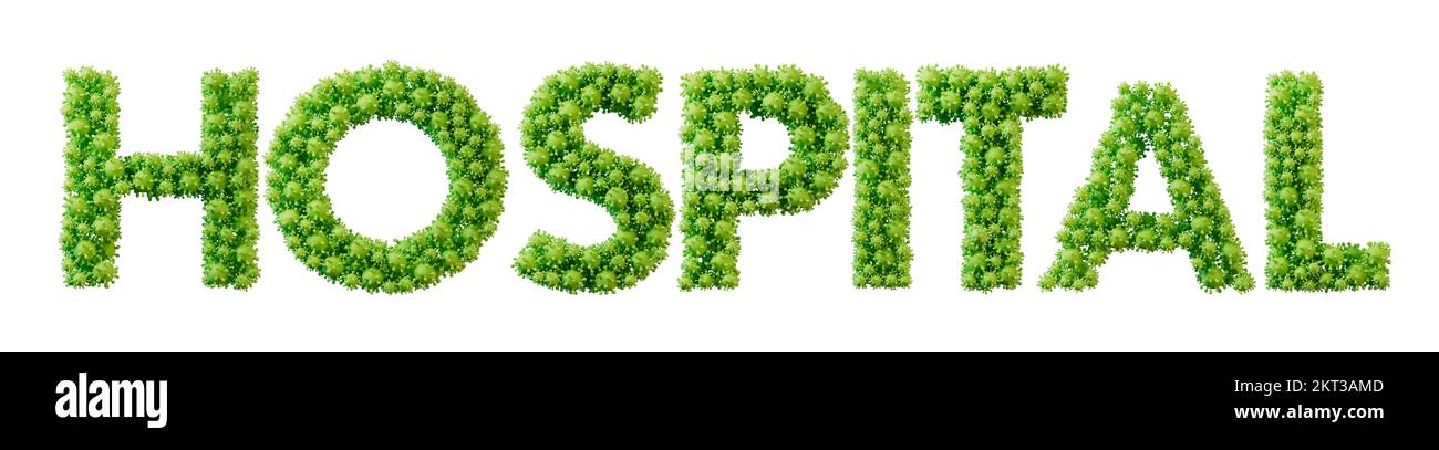 Hospital word made from green bacteria cell molecule font. Health and wellbeing. 3D Rendering Stock Photo