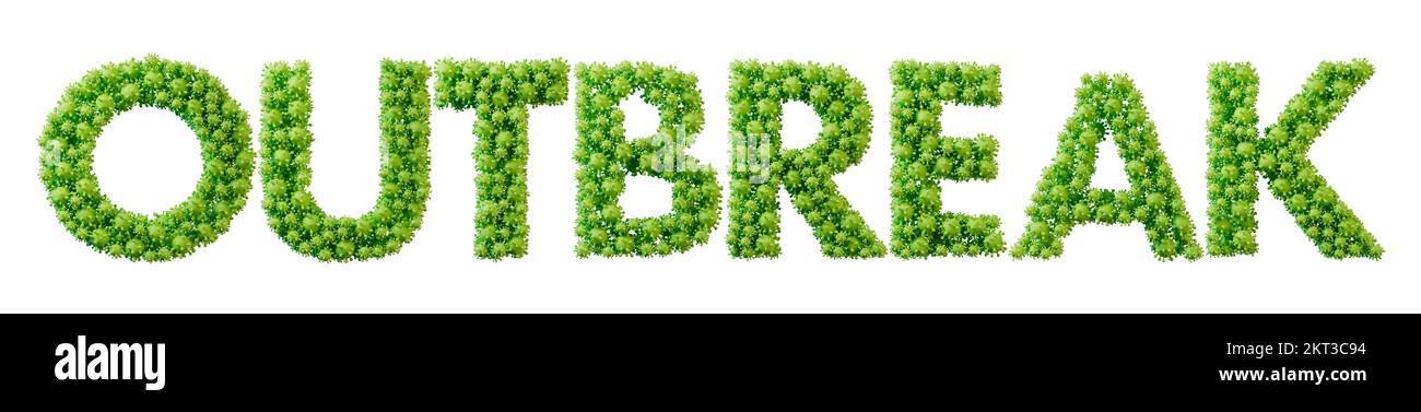 Outbreak word made from green bacteria cell molecule font. Health and wellbeing. 3D Rendering Stock Photo
