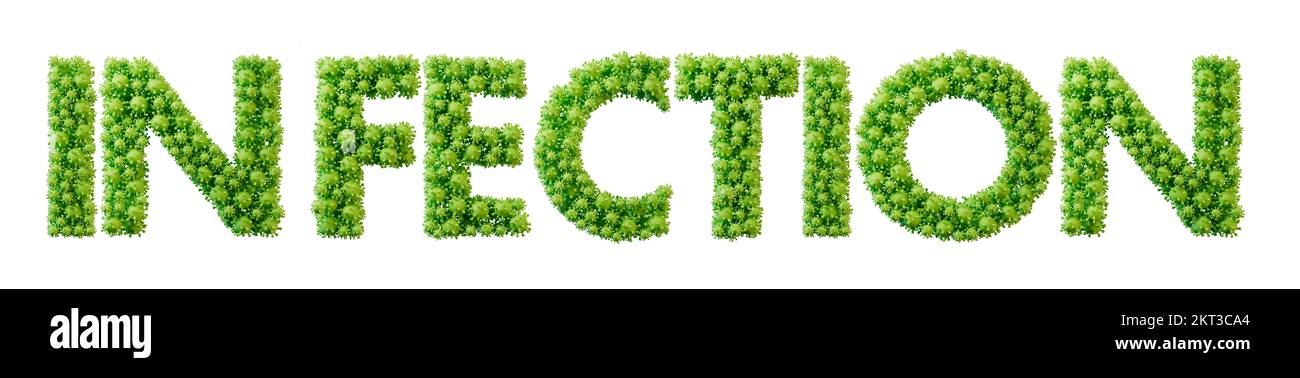 Infection word made from green bacteria cell molecule font. Health and wellbeing. 3D Rendering Stock Photo
