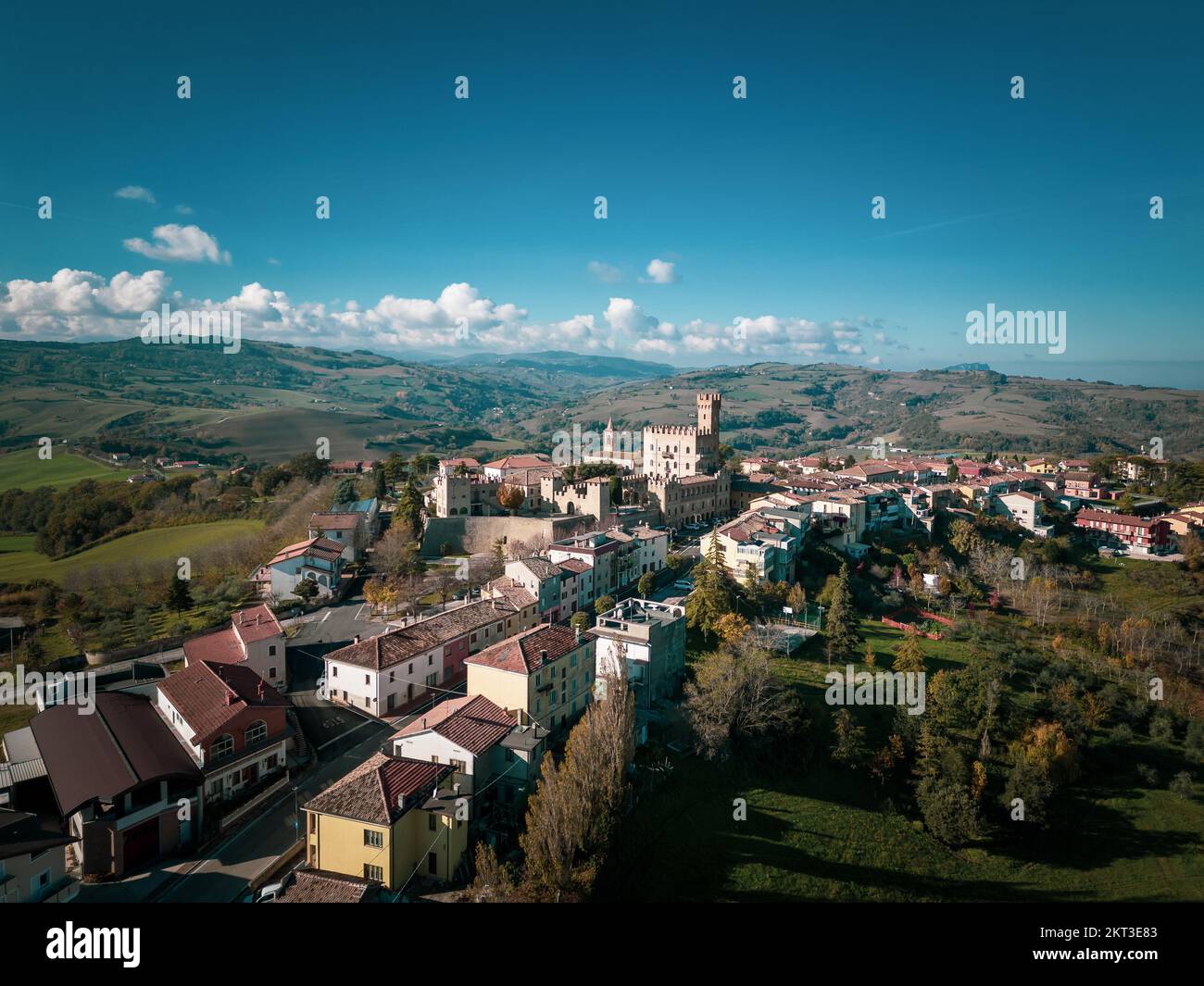 Italy, November 26, 2022: aerial view of the medieval village of Tavoleto in the province of Pesaro and Urbino in the Marche region Stock Photo
