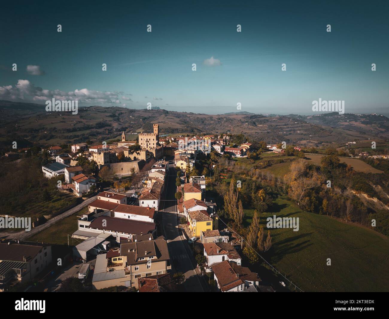Italy, November 26, 2022: aerial view of the medieval village of Tavoleto in the province of Pesaro and Urbino in the Marche region Stock Photo