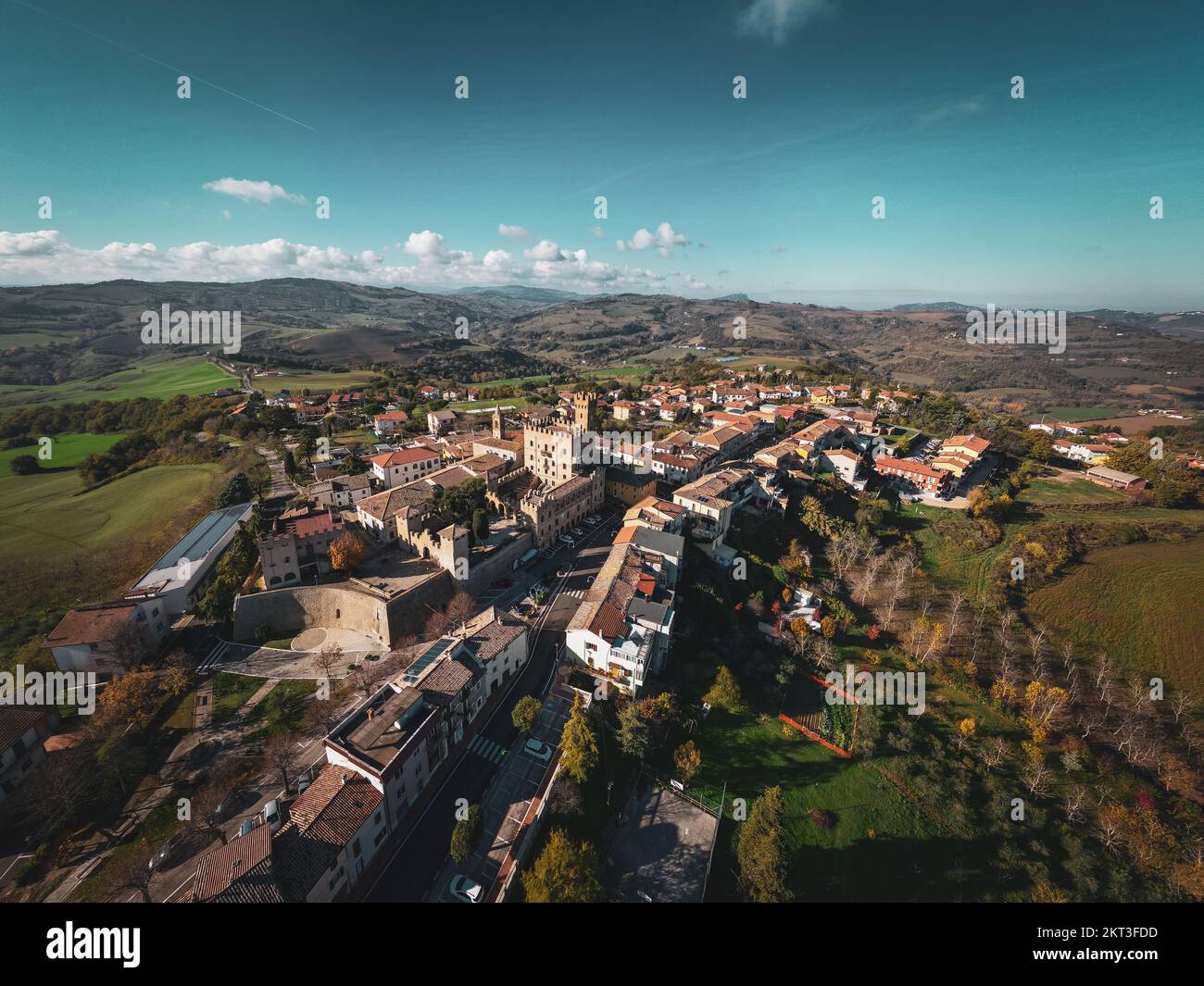 Italy, November 26, 2022: aerial view of village of montecchio in the province of Pesaro and Urbino in the Marche region Stock Photo