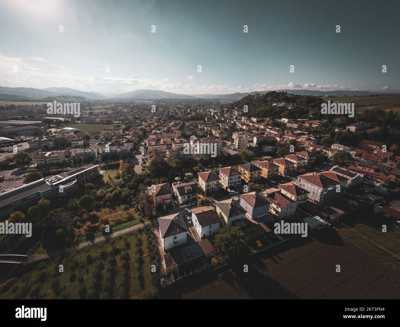 Italy, November 26, 2022: aerial view of village of montecchio in the province of Pesaro and Urbino in the Marche region Stock Photo