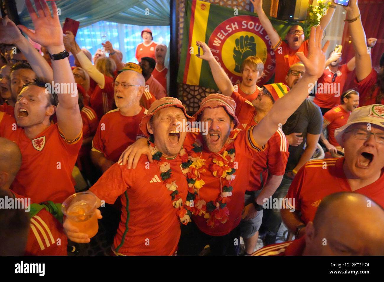 Welsh fans gather at the Intercontinental Hotel in Doha, Qatar, on the day of the FIFA World Cup Group B match between Wales and England. Picture date: Tuesday November 29, 2022. Stock Photo