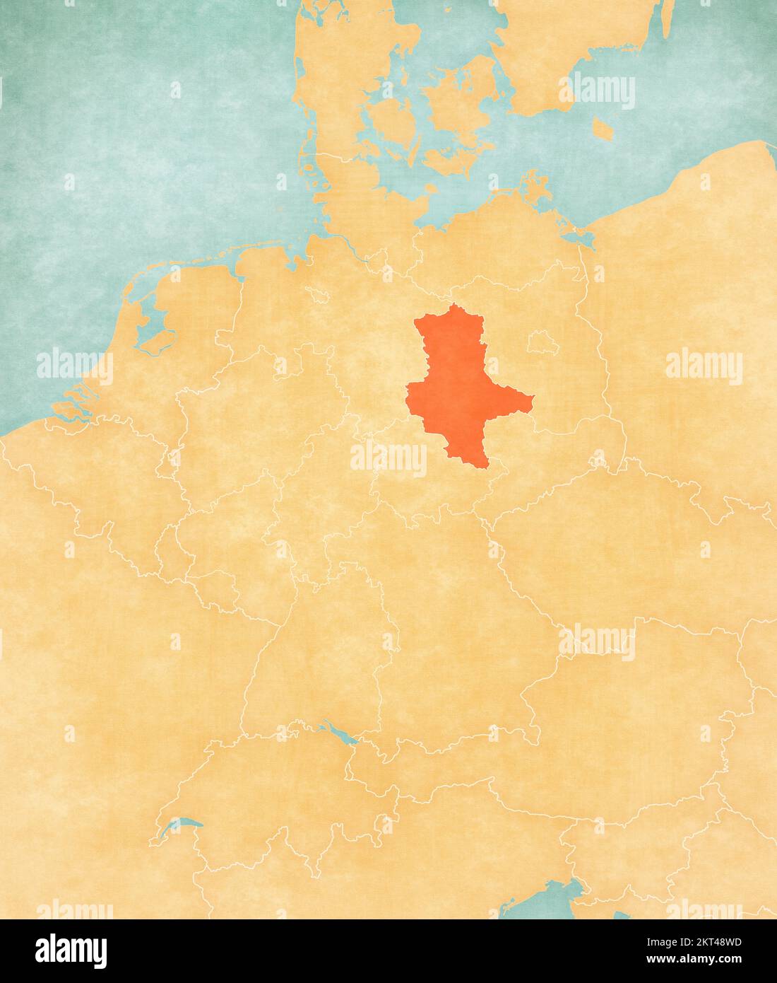 Saxony-Anhalt on the map of Germany in soft grunge and vintage style, like old paper with watercolor painting. Stock Photo