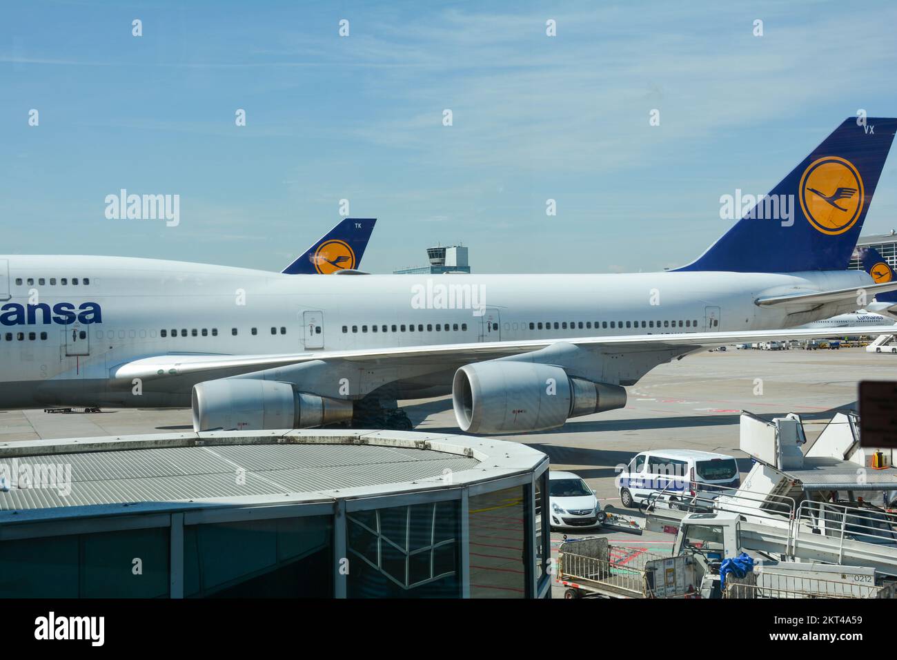 Frankfurt Airport Germany August 02, 2022 Lufthansa machine is standing at the terminal
