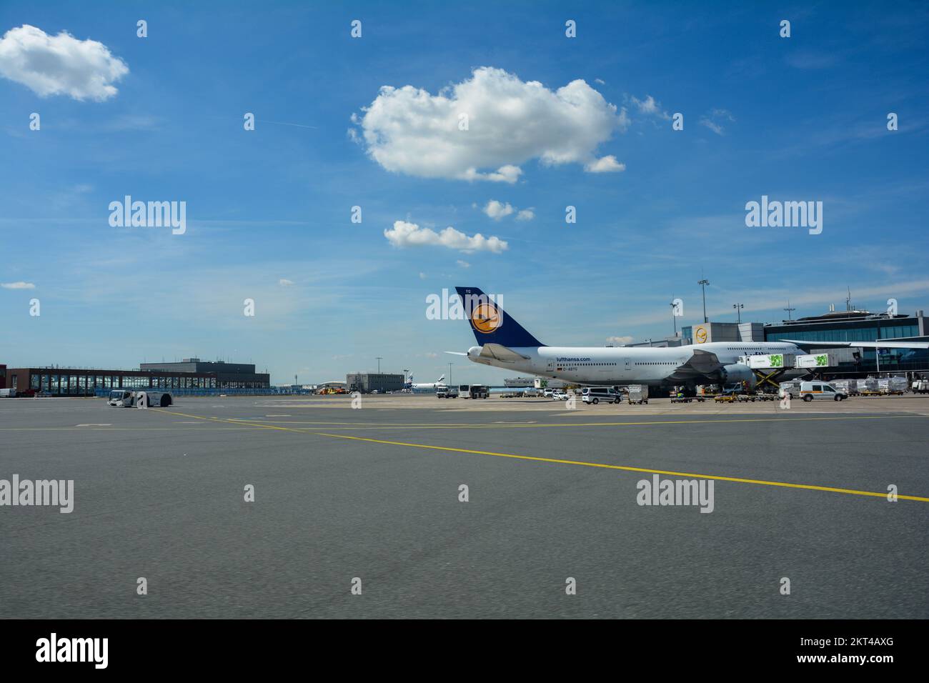 Frankfurt Airport Germany August 02, 2022 Lufthansa machines at the terminal and on the runway