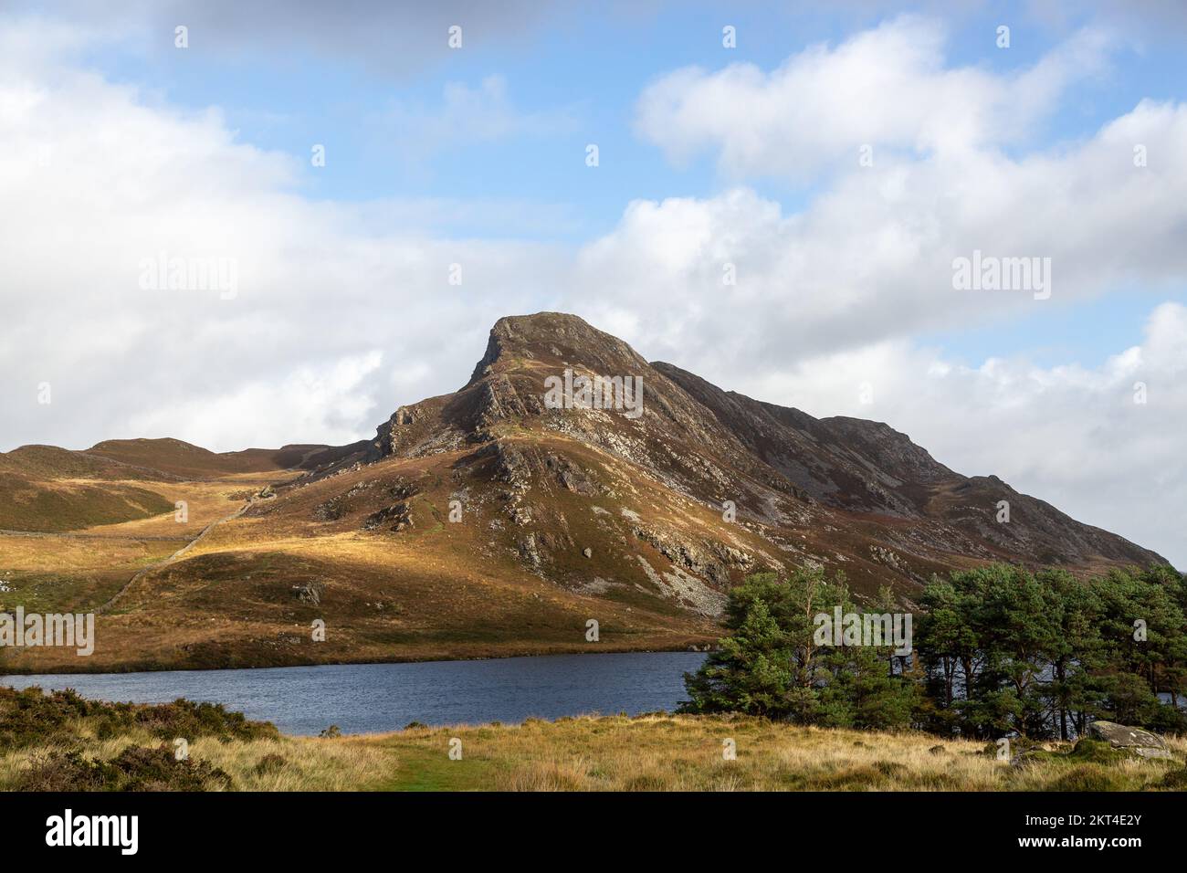 Cregennan Lakes backed by the peak of Bryn Brith, Snowdonia National Park, Gwynedd, North Wales Stock Photo