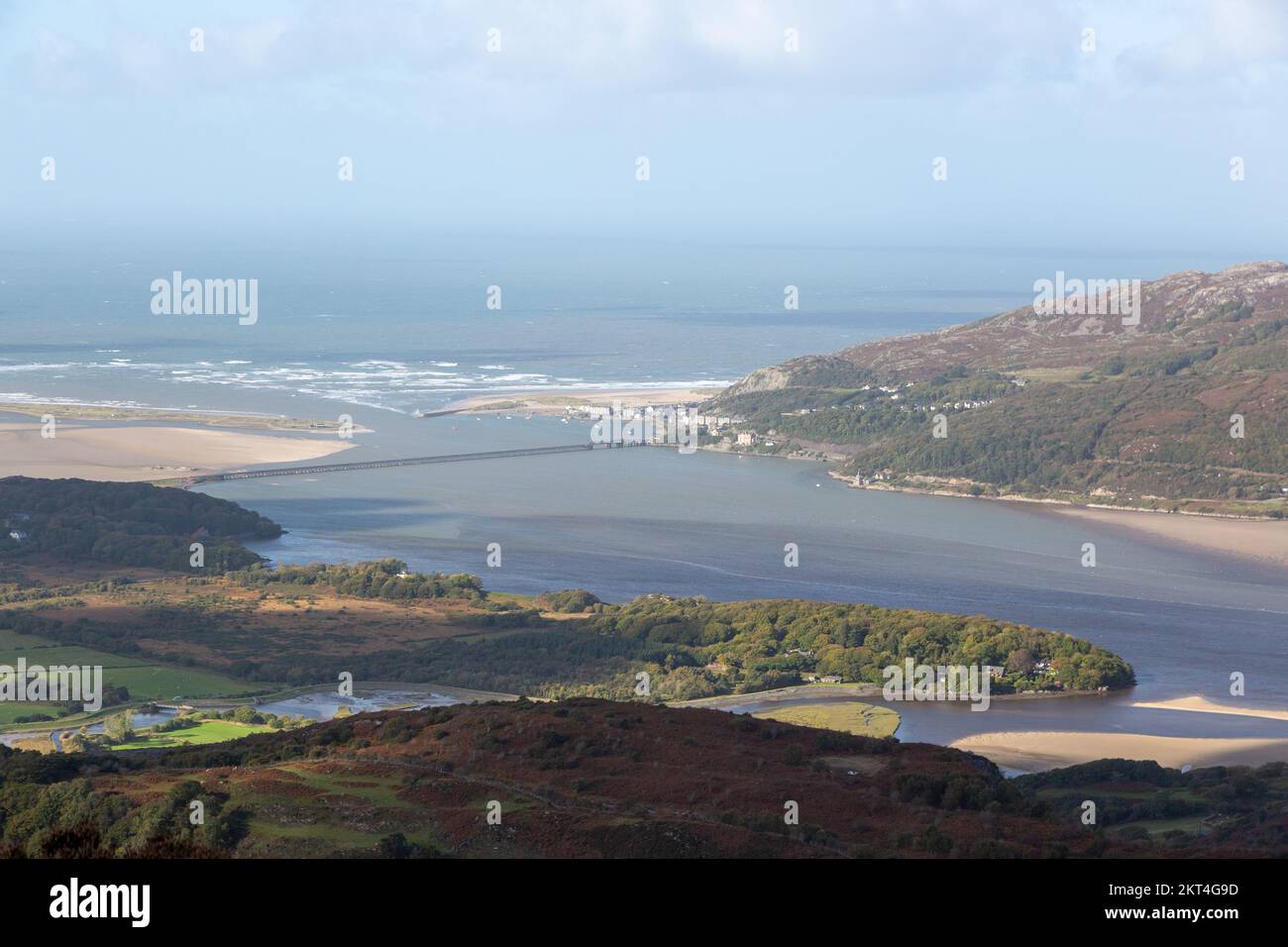 Looking down to Barmouth and the Mawddach estuary from Bryn Brith Hill, Barmouth, Wales Stock Photo