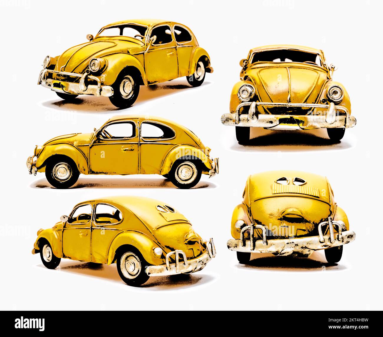 Classic car display on various angled Yellow beetles in old fashioned