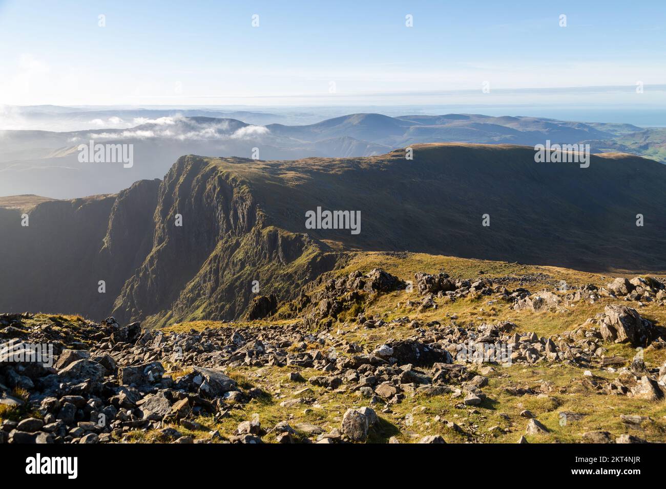 looking towards the cliffs of Craig Cau from Cadair Idris or Cader Idris Stock Photo