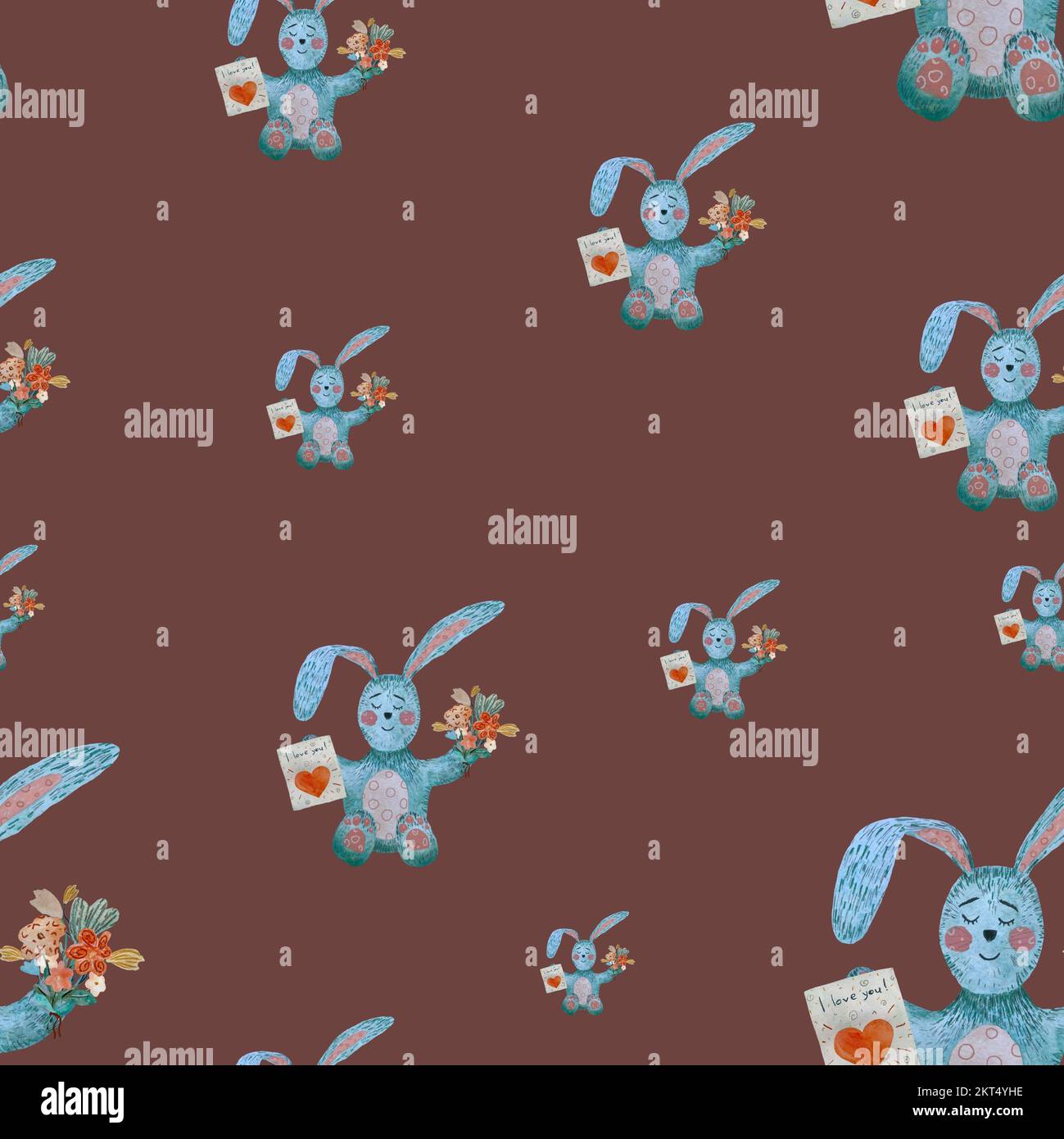 Rabbit blue flower bouquet large pattern watercolor Stock Photo - Alamy