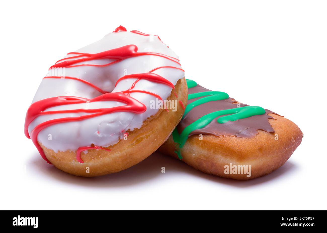 Two Baked Frosted Doughnuts Cut Out on White. Stock Photo