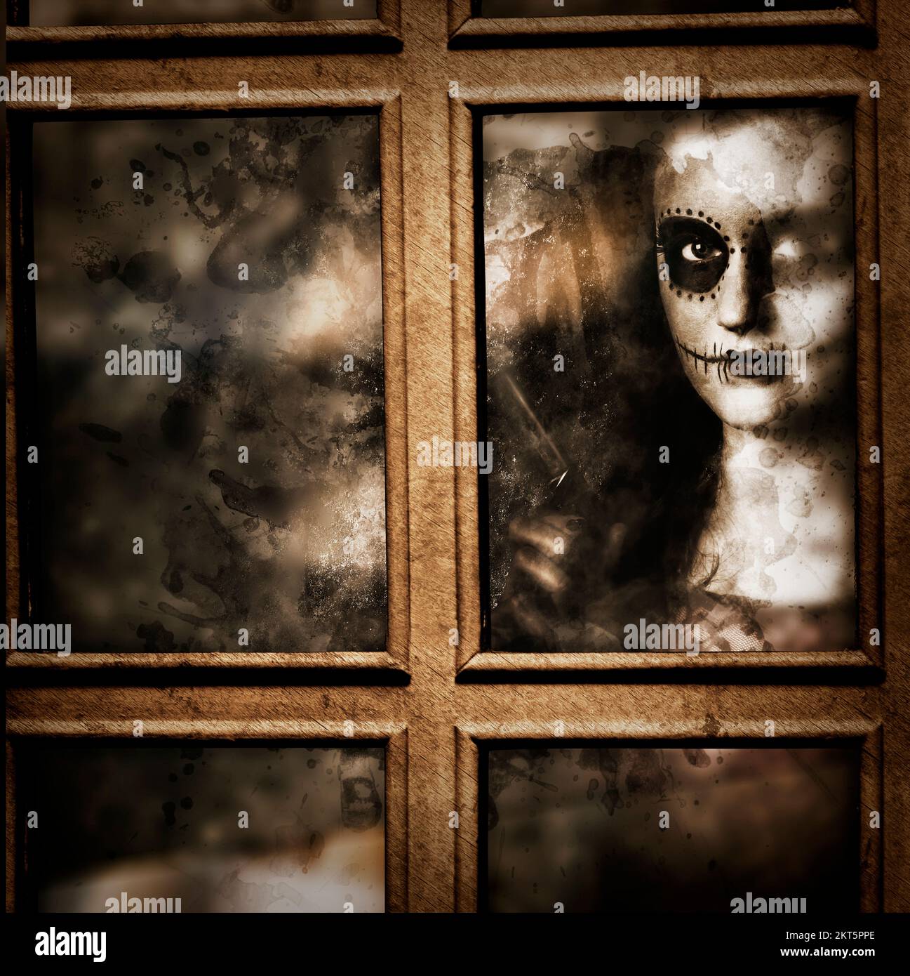 Scary portrait of a crazy sugar skull standing by the window with hand gun, watching and waiting Stock Photo