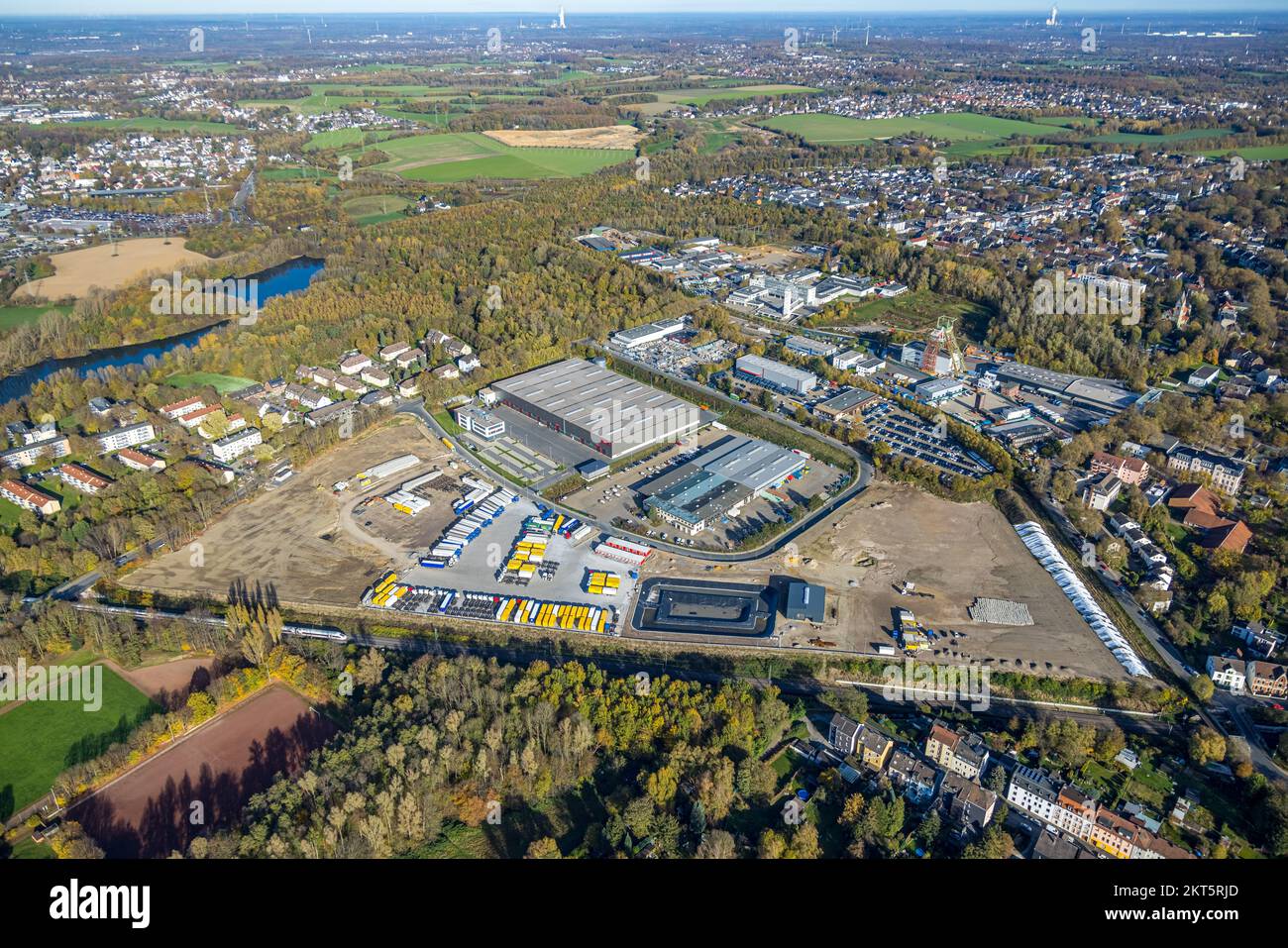 Aerial view, Robert Müser colliery industrial park, Arnoldschacht industrial estate, Brock Kehrtechnik, Graf Transporte, Werne, Bochum, Ruhr area, Nor Stock Photo