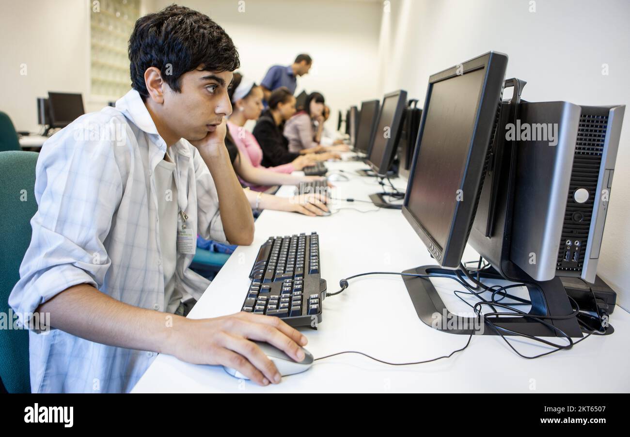 Computer Studies; Online Learning. A late teenage Indian boy in class making use of his college computer suite. From a series of related images. Stock Photo
