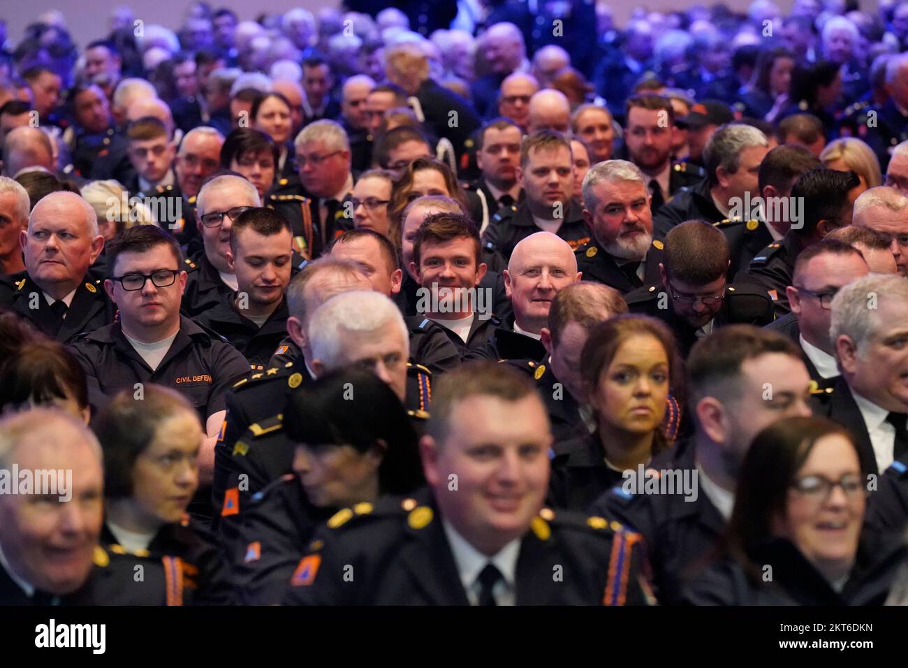 Civil defence volunteers wait for the arrival of Irish Minister for Foreign Affairs and Defence, Simon Coveney for the presentation of Civil Defence Covid 19 medals at Croke Park in Dublin to honour volunteers for their efforts during the pandemic Picture date: Tuesday November 29, 2022. Stock Photo