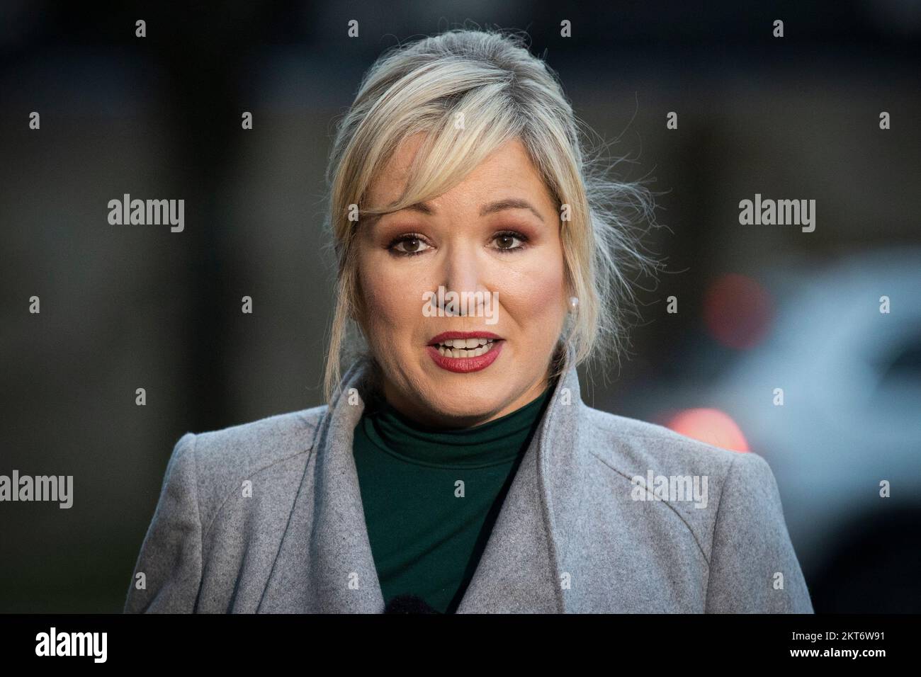 Sinn Fein Vice President Michelle O'Neill during a press conference at the Coalisland Cornmill calling upon Chris Heaton-Harris, Secretary of State for Northern Ireland, to do more to restore Stormont institutions. Picture date: Tuesday November 29, 2022. Stock Photo