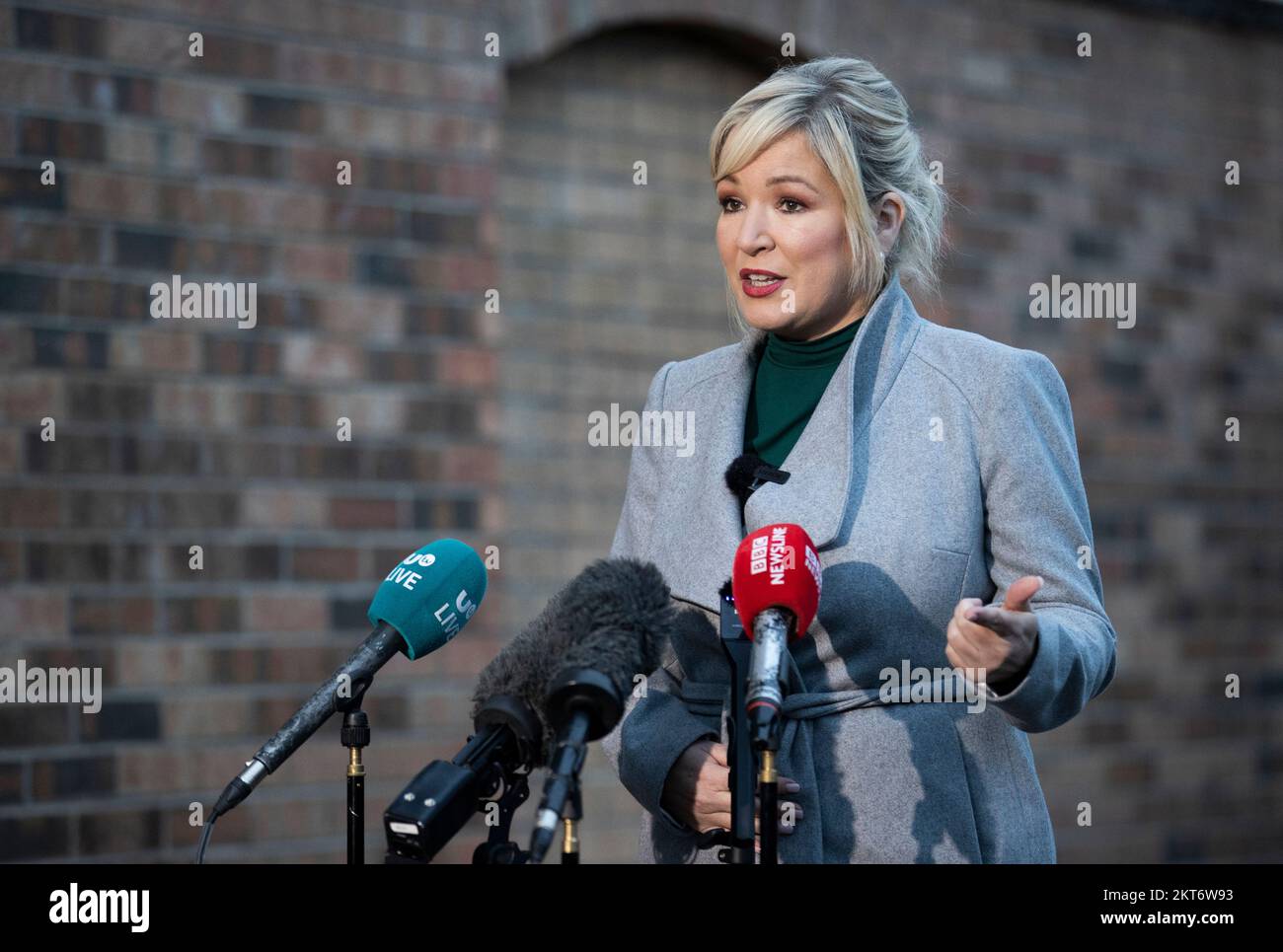 Sinn Fein Vice President Michelle O'Neill during a press conference at the Coalisland Cornmill calling upon Chris Heaton-Harris, Secretary of State for Northern Ireland, to do more to restore Stormont institutions. Picture date: Tuesday November 29, 2022. Stock Photo