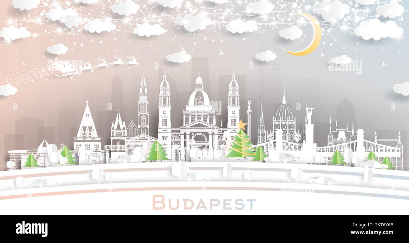 Budapest Hungary. Winter City Skyline in Paper Cut Style with Snowflakes, Moon and Neon Garland. Christmas and New Year Concept. Santa Claus on Sleigh Stock Vector