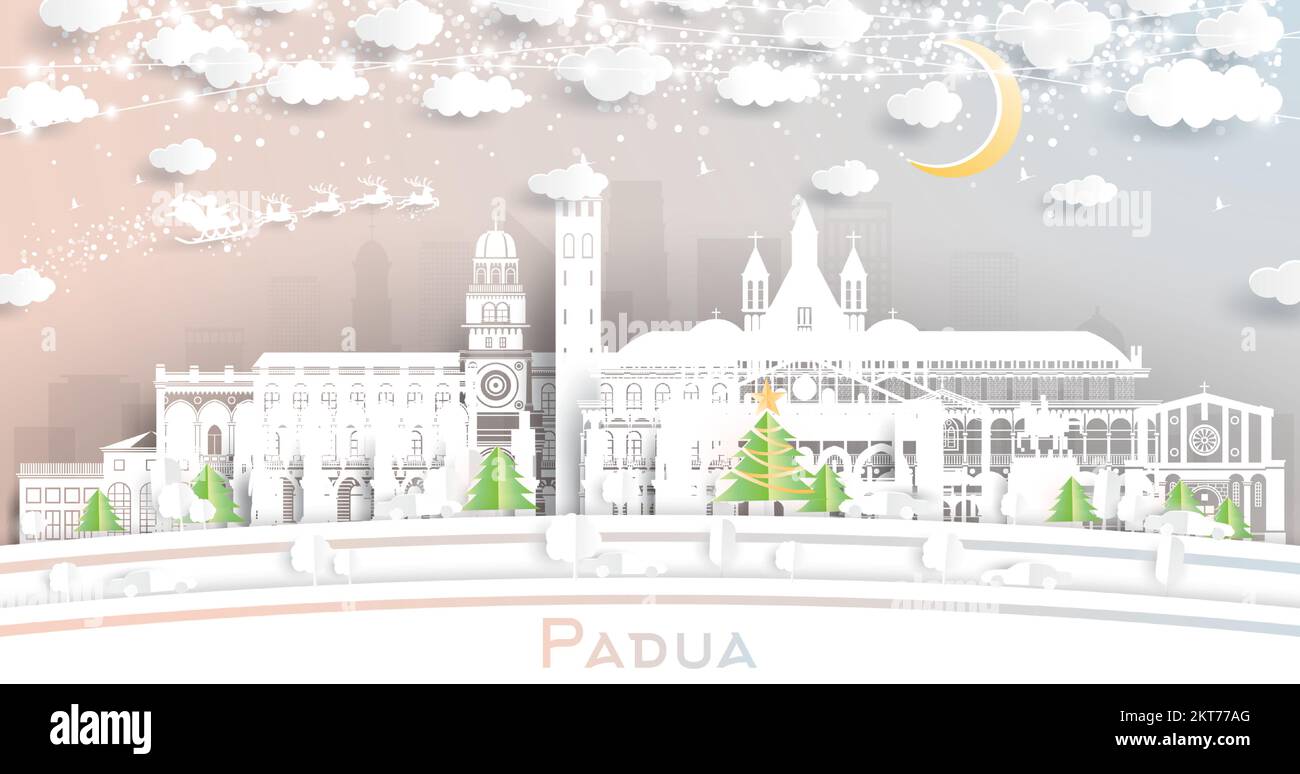 Padua Italy City Skyline in Paper Cut Style with Snowflakes, Moon and Neon Garland. Vector Illustration. Christmas and New Year Concept. Stock Vector
