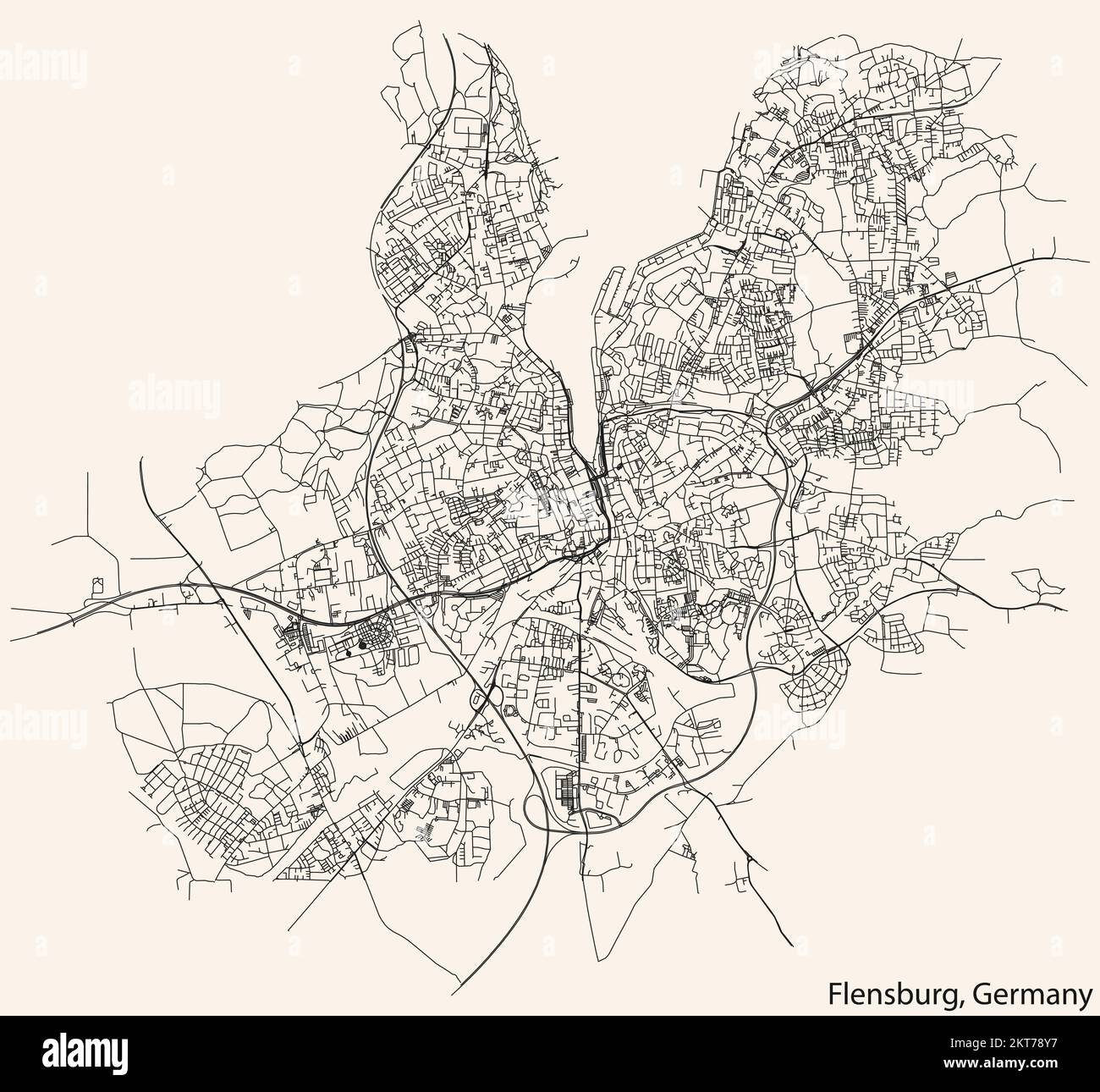 Detailed navigation black lines urban street roads map of the German