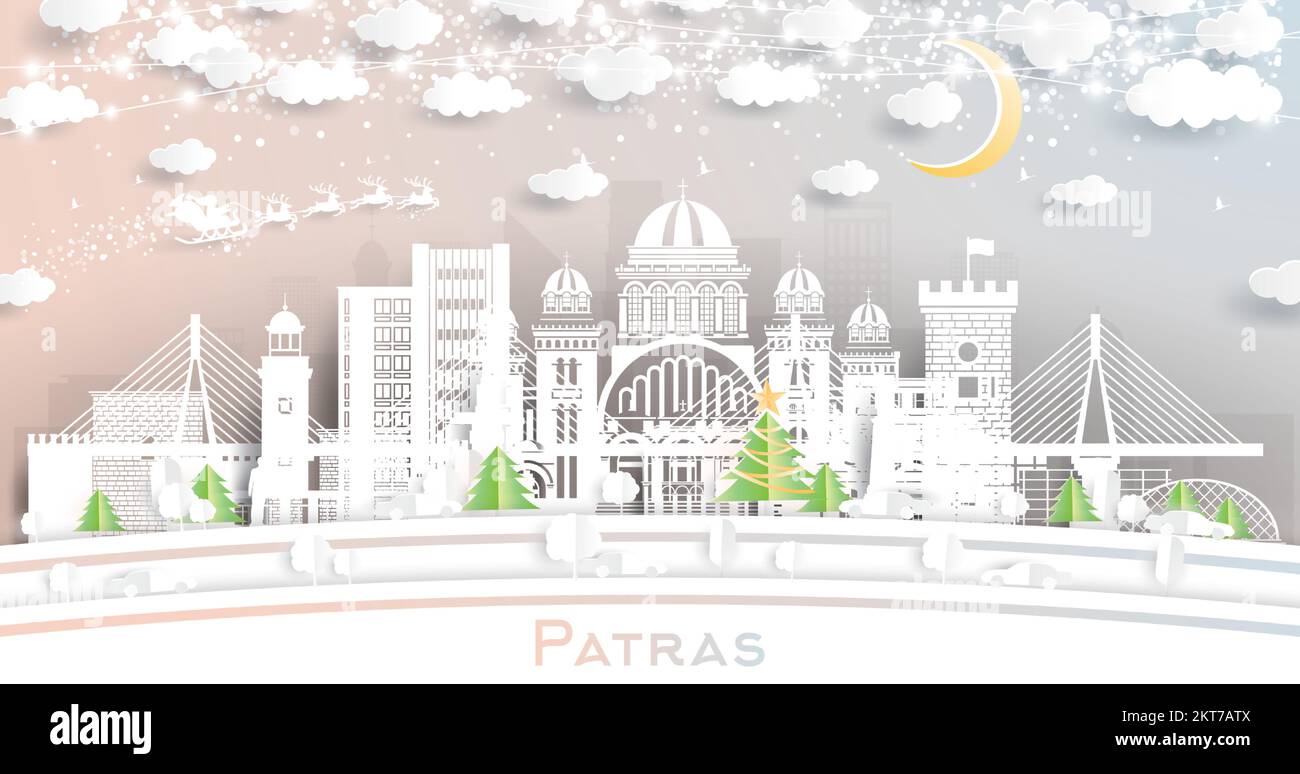 Patras Greece. Winter City Skyline in Paper Cut Style with Snowflakes, Moon and Neon Garland. Christmas and New Year Concept. Santa Claus on Sleigh. Stock Vector