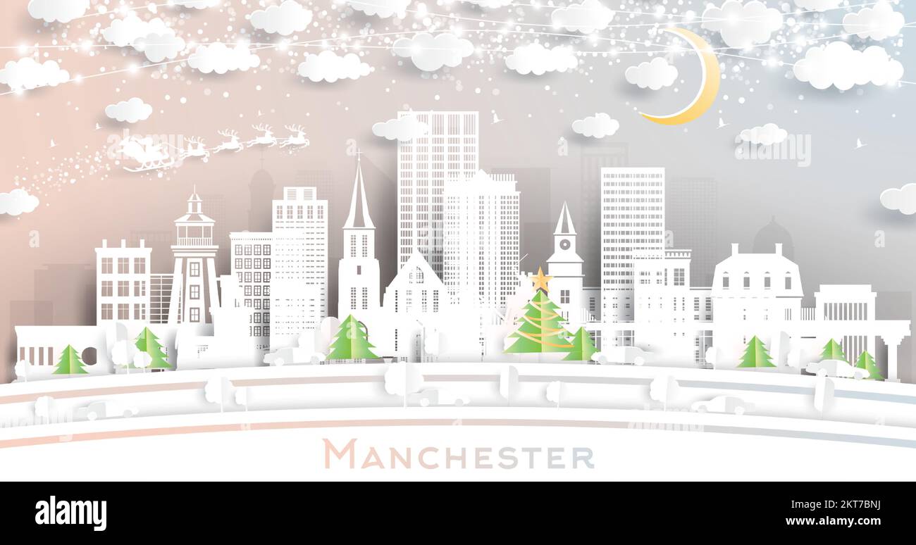 Manchester New Hampshire. Winter City Skyline in Paper Cut Style with Snowflakes, Moon and Neon Garland. Christmas and New Year Concept. Stock Vector