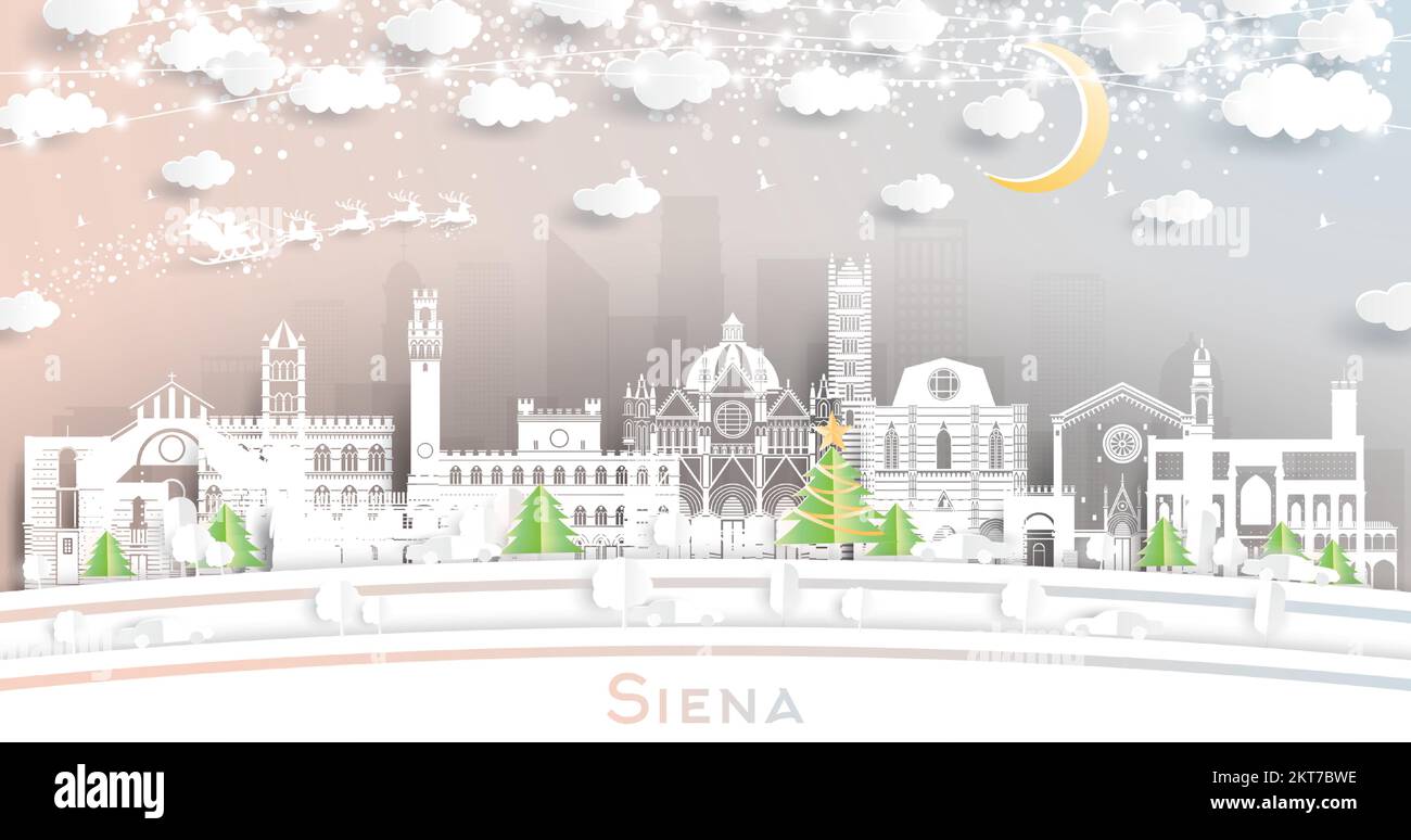 Siena Tuscany Italy City Skyline in Paper Cut Style with Snowflakes, Moon and Neon Garland. Vector Illustration. Christmas and New Year Concept. Stock Vector