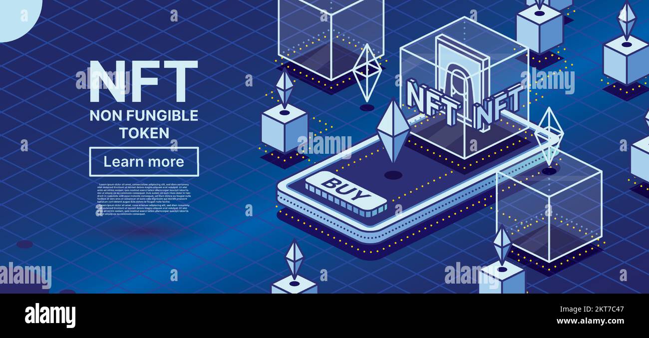 Mobile Phone with App for Buying NFT Tokens. Isometric Concept with Artwork Inside of Transparent Cube. Blockchain Technology. Vector Illustration. Bl Stock Vector