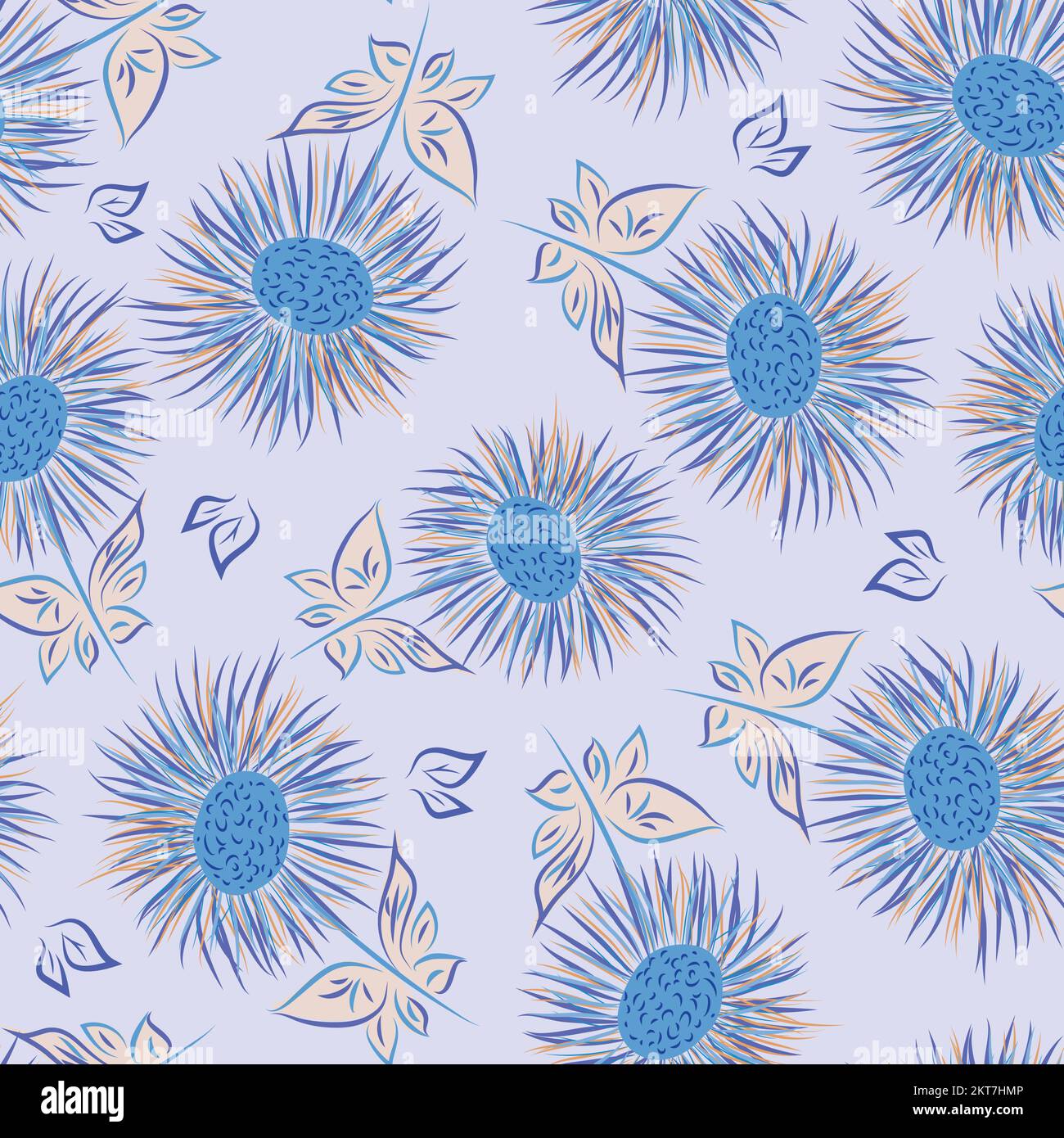 Inula flower seamless vector pattern background. Perennial cottage garden flowers blue backdrop. Giant Fleabane painterly geometric design. Maximalist Stock Vector