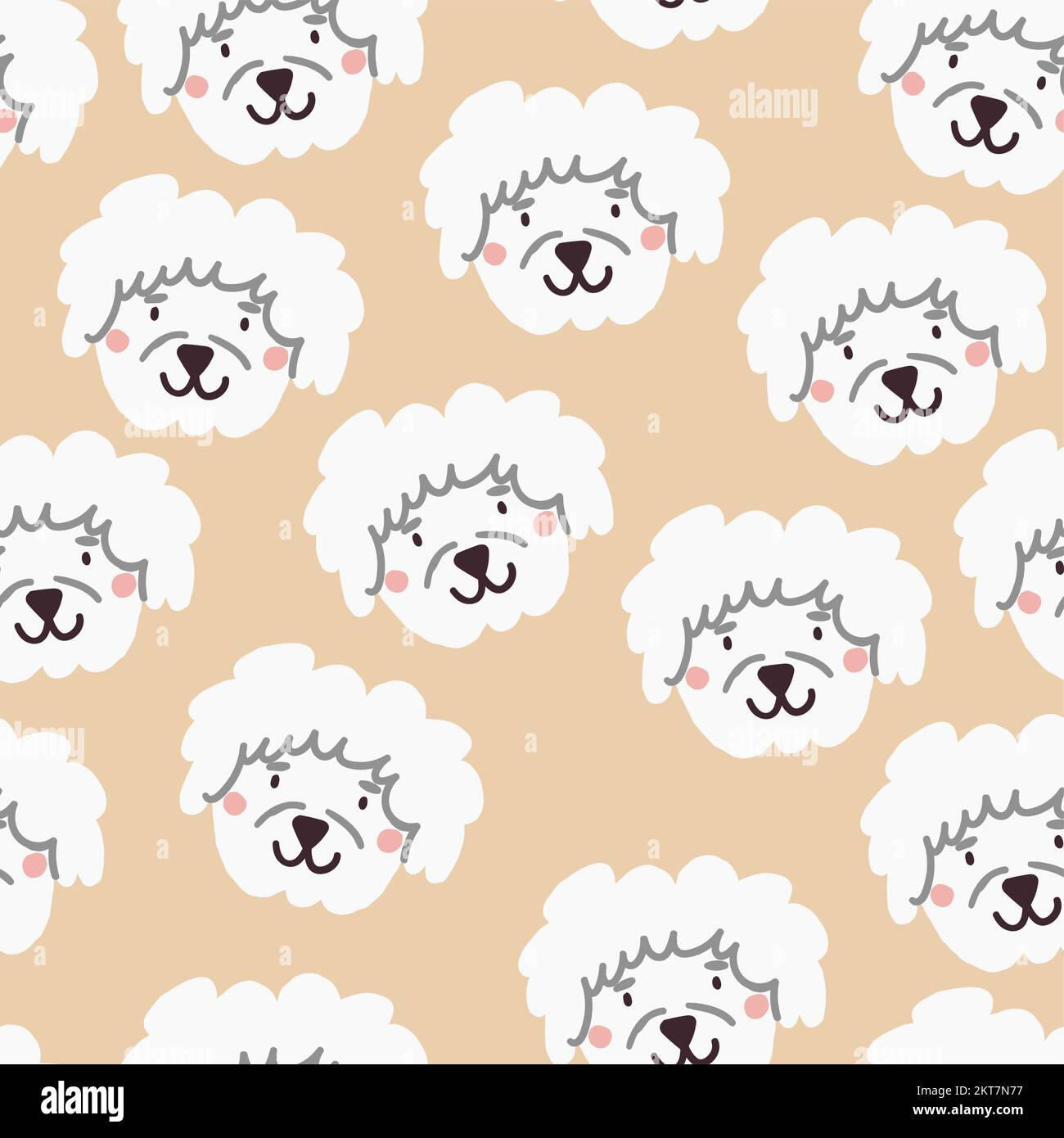 Vector seamless pattern with bichon dogs faces on light beige background. Vector illustration Stock Vector