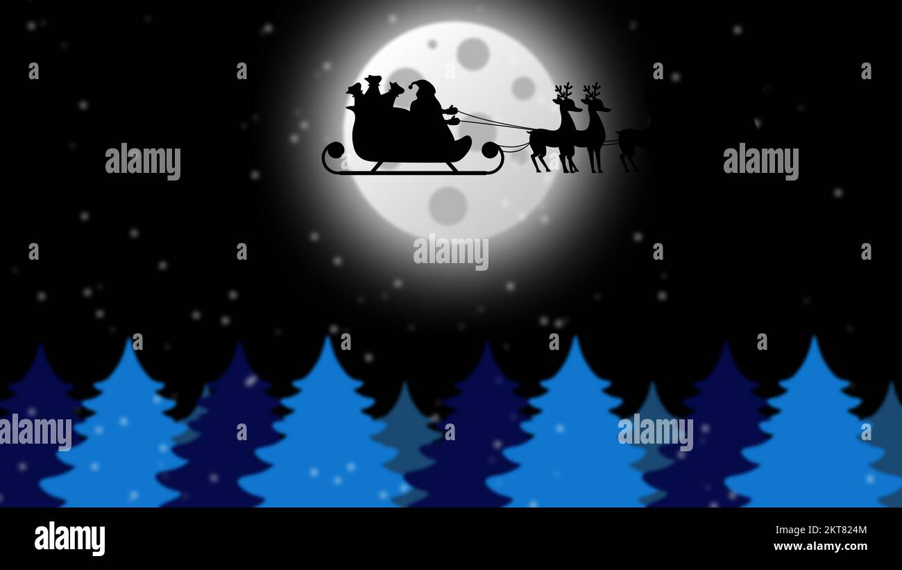 Santa Claus with deer's with snow fall. christmas night background. Stock Photo