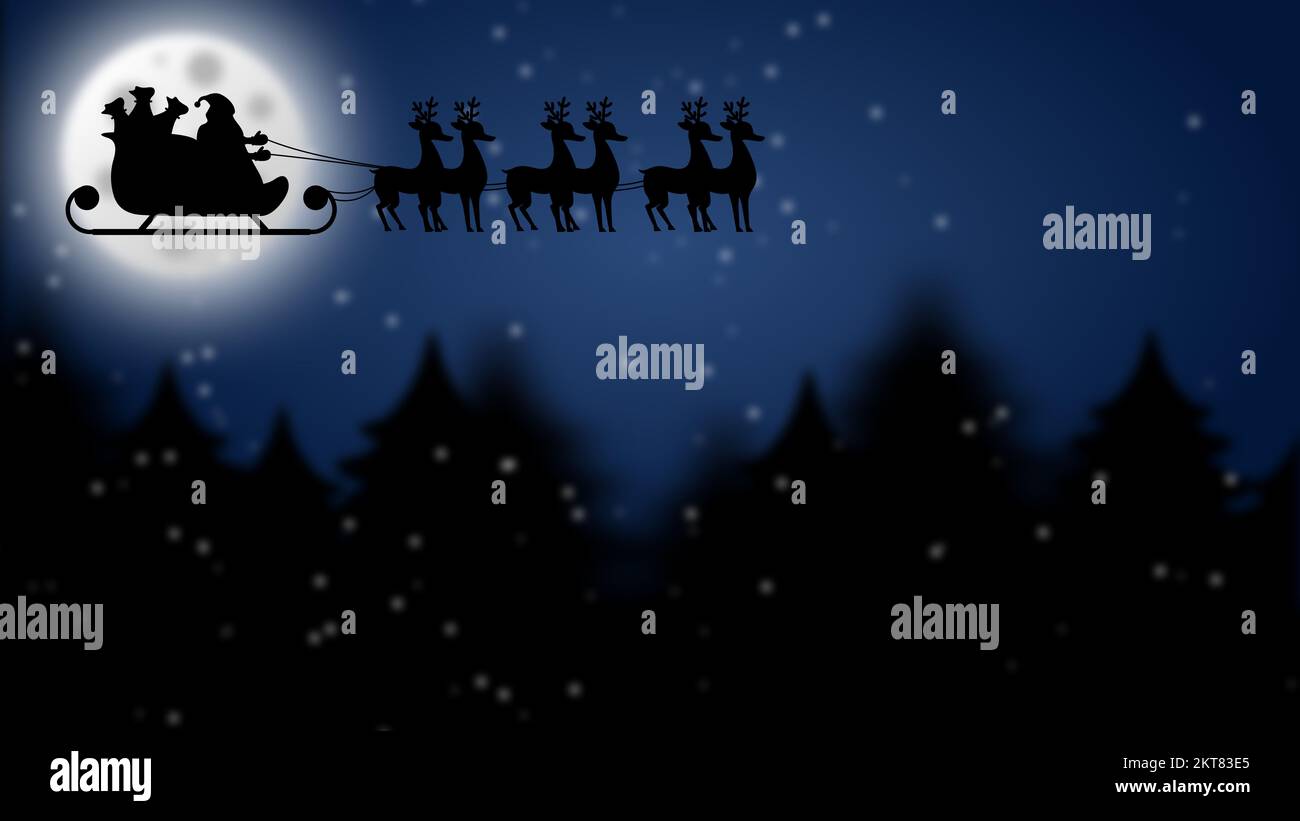 Santa Claus with deer's with snow fall. christmas night background. Stock Photo