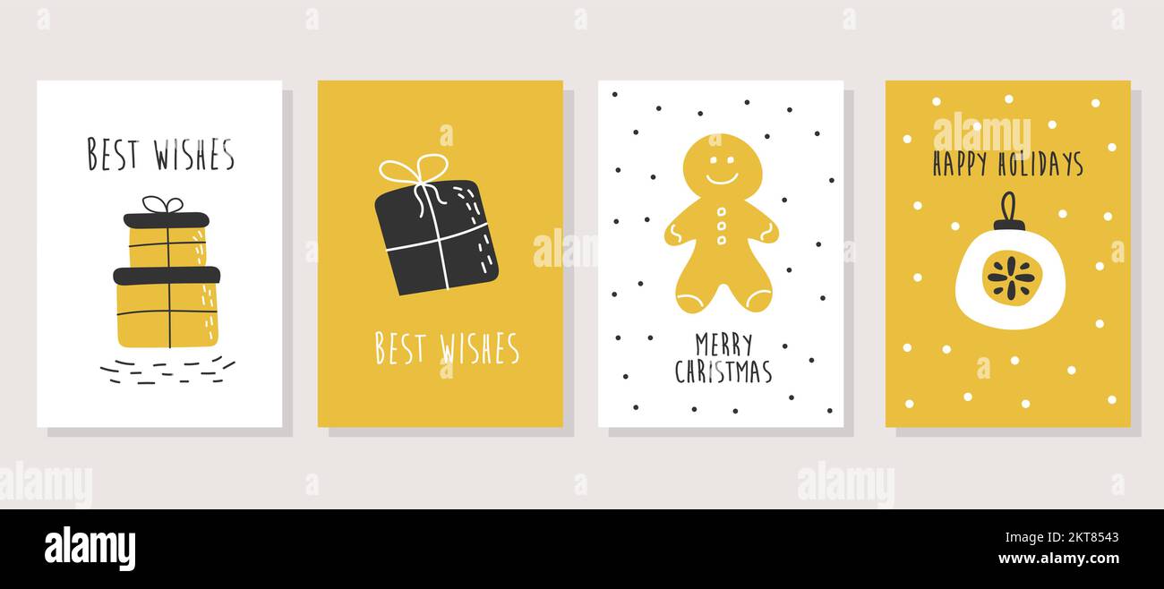 Vector set of scandinavian Christmas cards in white, black and yellow modern colors. Hand drawn Merry Christmas greeting card design Stock Vector