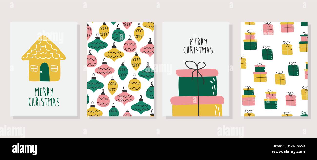 Set of christmas greeting cards with holiday text and design elements. Two cards with pattern. Hand drawn vector Merry Christmas cards collection Stock Vector