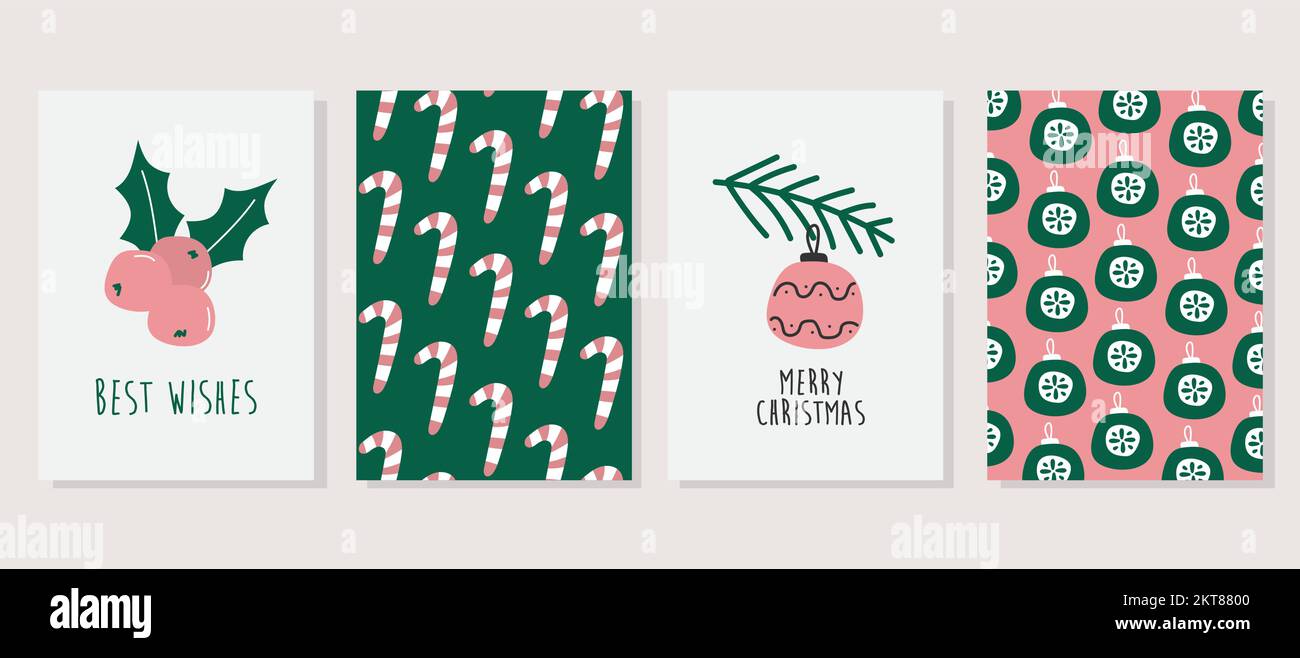 Set of christmas greeting cards with holiday text and design elements. Two cards with pattern. Hand drawn vector Merry Christmas cards collection Stock Vector