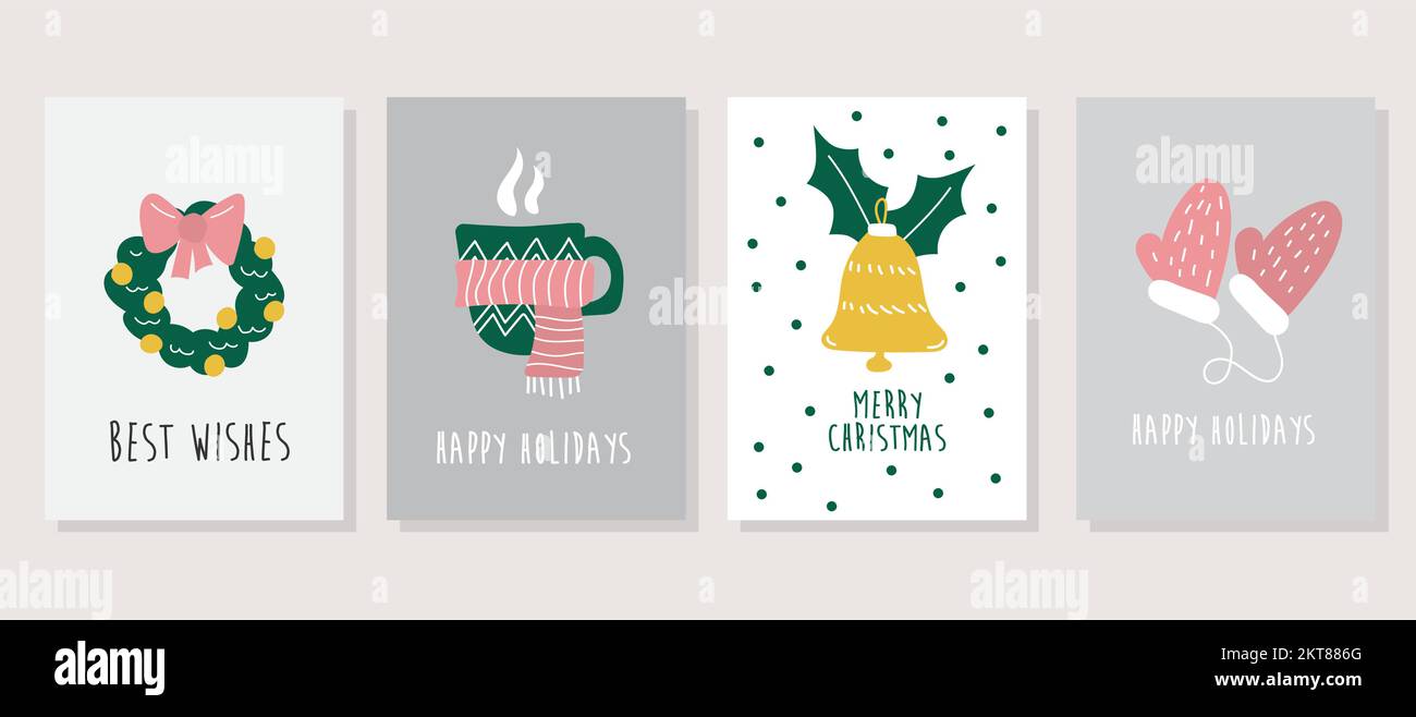 Hand drawn vector Merry Christmas cards collection set with cute illustrations. Cartoon minimalist Scandinavian design set. Stock Vector
