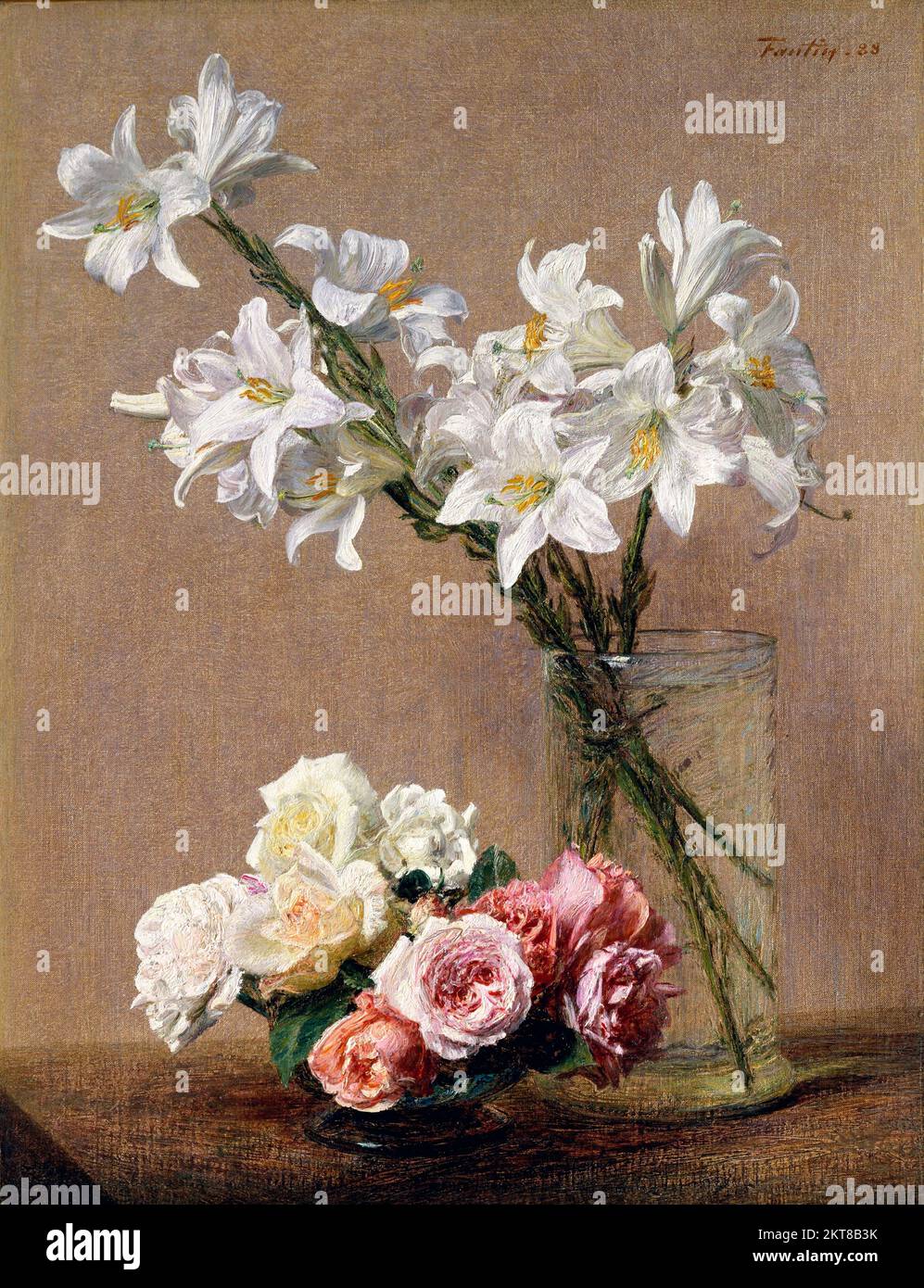 Roses and Lilies by Henri Fantin-Latour (1836-1904), oil on canvas, 1888 Stock Photo