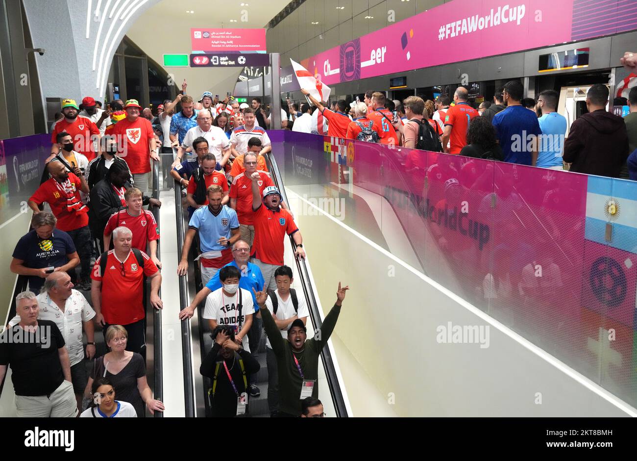 England and Wales at the metro as they make their way towards the Ahmad Bin Ali Stadium, ahead of the FIFA World Cup Group B match between Wales and England. Picture date: Tuesday November 29, 2022. Stock Photo